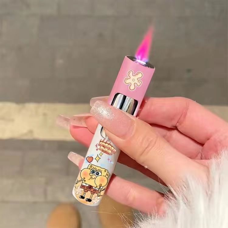 Compact Round Push Lighter Pink Flame