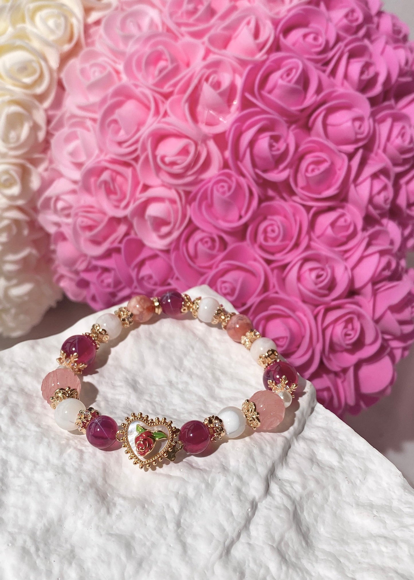 LunaLuss Customs - Red Star Ruby, Rose Quartz Rose Bead, White Conch, Australian Pink Opal with Rose Heart Charm Crystal Bracelet
