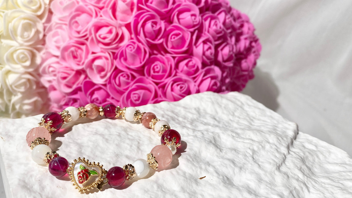 LunaLuss Customs - Red Star Ruby, Rose Quartz Rose Bead, White Conch, Australian Pink Opal with Rose Heart Charm Crystal Bracelet