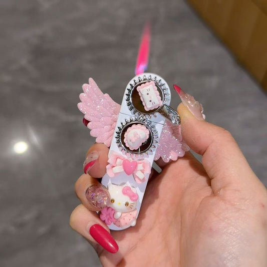 Handmade DIY Hello Kitty Gear Pink Flame Windproof Refillable Lighter, Perfect Gift for Girlfriend and Best Friend